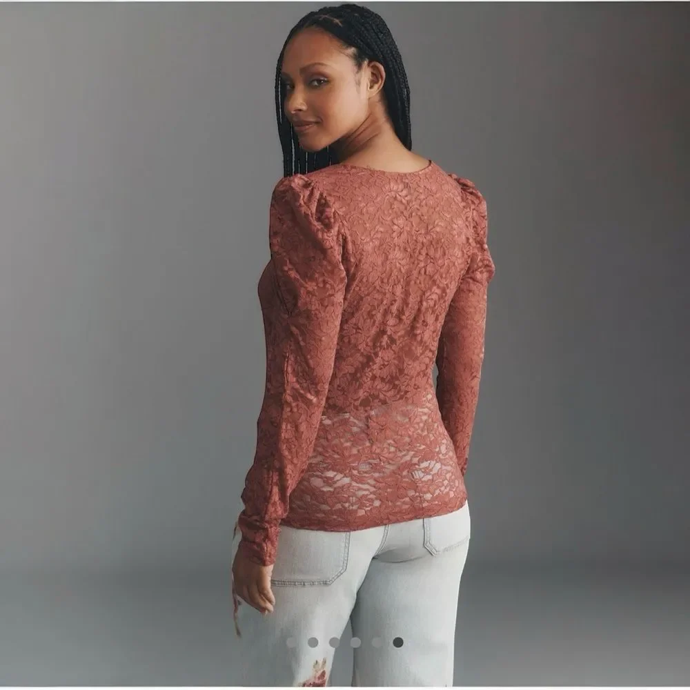 NWT Anthropologie Puff-Sleeve Sheer Lace Top Pink Size Small